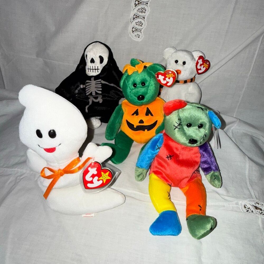 Lot of 5 Ty Halloween Beanie Babies • Spooky Ghost Sheets, Pumpkin Bear, Skeleto
